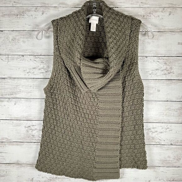 Chico’s Sweater Vest Cardigan Cotton Acrylic Chunky Olive Green Sz 1 M/ 10 - Picture 1 of 6